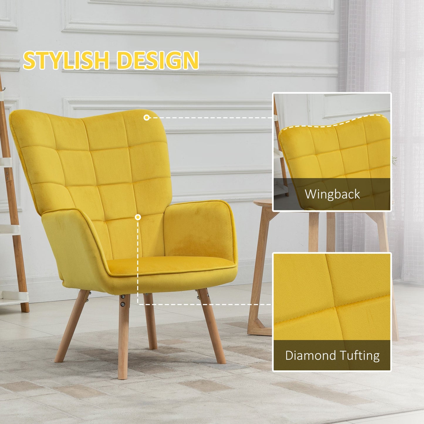 كرسي HOMCOM Modern Accent Chair بذراعين مبطن بمخمل ملمس مخملي مع مسند ظهر مجنح، كرسي صالة ترفيهي مبطن بأرجل خشبية، باللون الأصفر
