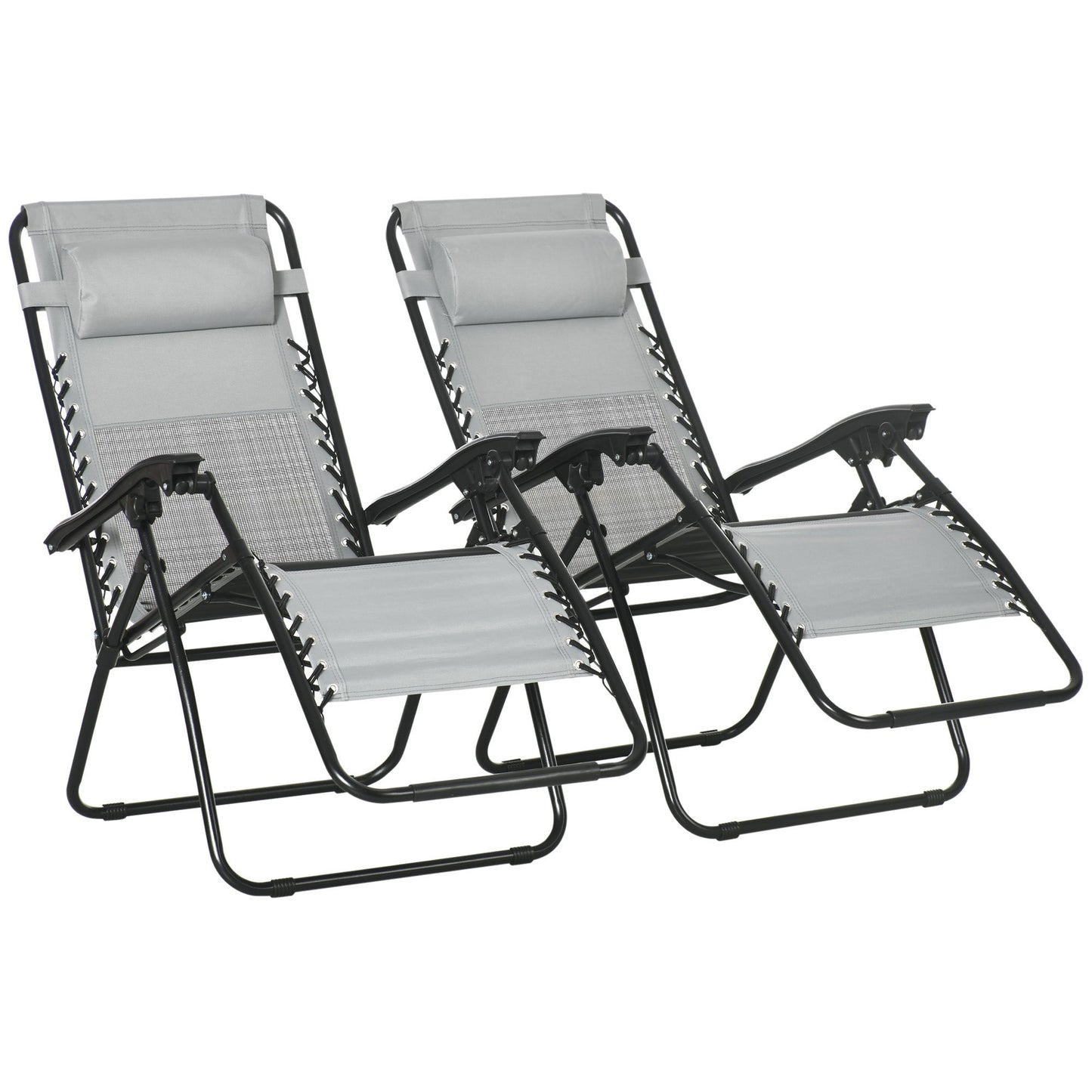 Outsunny Garden Recliner Chairs Set of 2, Outdoor Foldable Zero Gravity Chairs Set w/ Footstool and Detachable Headrest, Grey