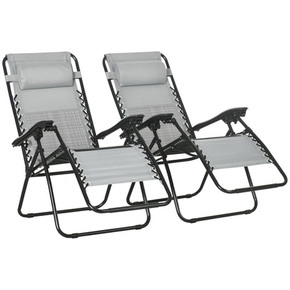 Outsunny Garden Recliner Chairs Set of 2, Outdoor Foldable Zero Gravity Chairs Set w/ Footstool and Detachable Headrest, Grey