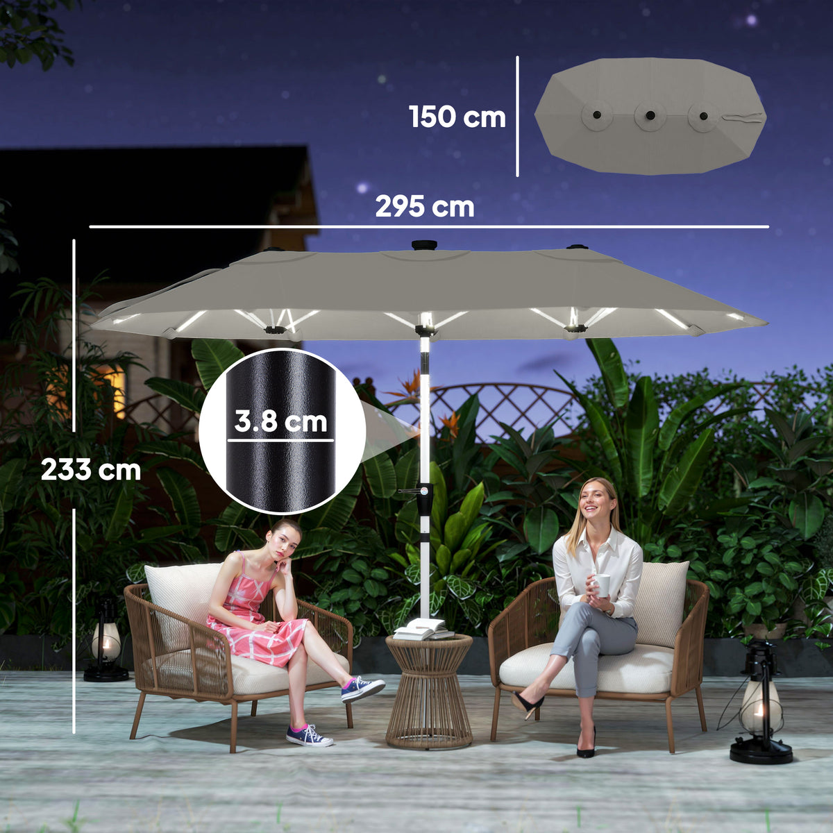 Outsunny 3 m Double-Sided Garden Parasol with LED Solar Lights, Tilt, Outdoor Extra Large Sun Umbrella with Crank Handle, Grey