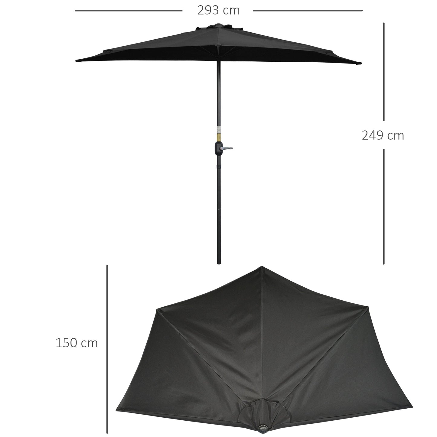 Outsunny 3(m) Half Parasol, Semi Round Umbrella with Metal Frame, Crank Handle for Balcony, Garden, Black
