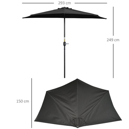 Outsunny 3(m) Half Parasol, Semi Round Umbrella with Metal Frame, Crank Handle for Balcony, Garden, Black