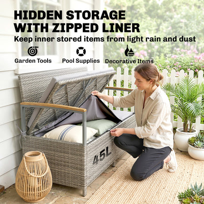 Outsunny 144 L Garden Storage Bench with Zipped Liner, 2 Seater Rattan Garden Bench with Storage, Gas Strut, Cushion, Light Grey