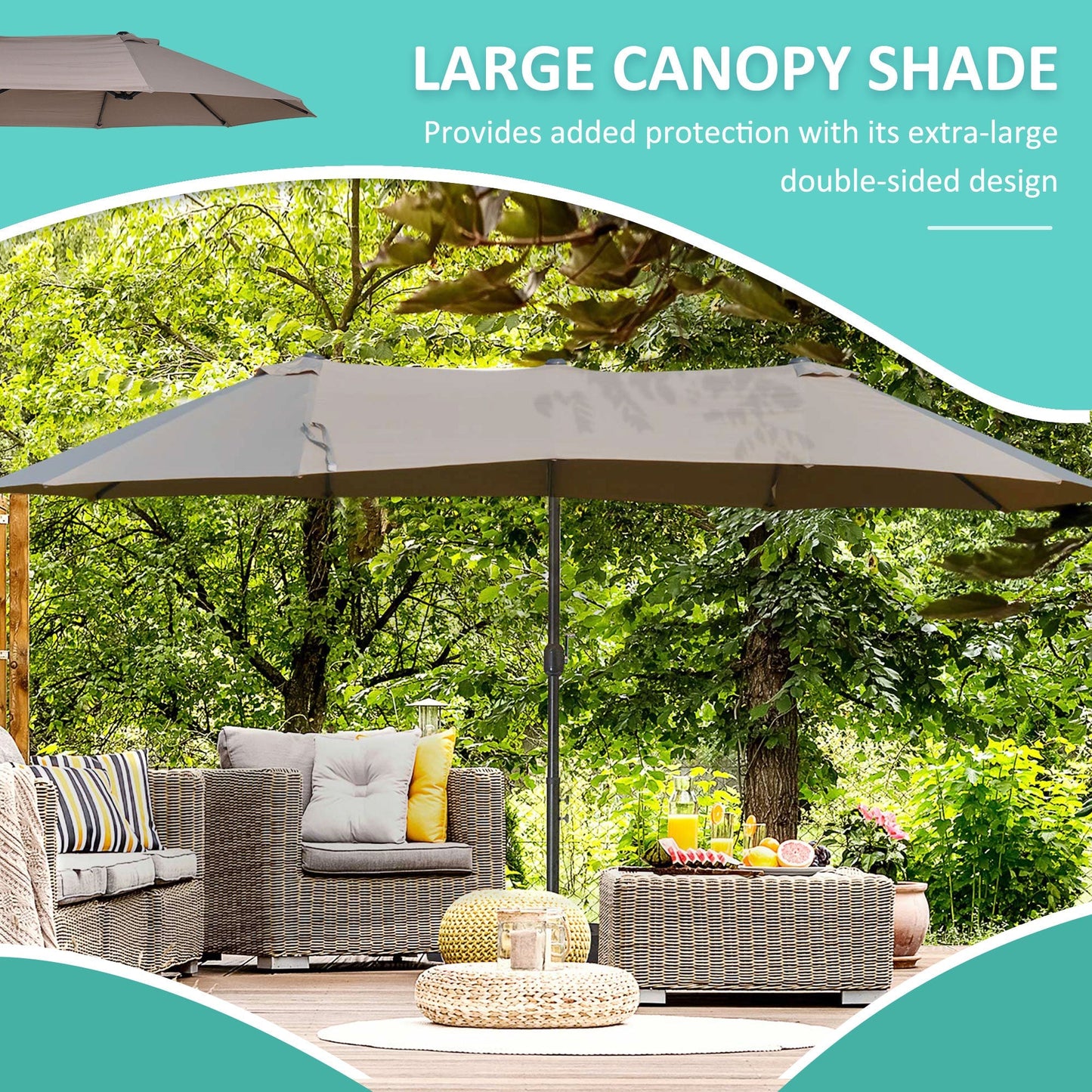 Outsunny Double Canopy Offset Parasol Umbrella Garden Shade with 12 Support Ribs Crank Handle Easy Lift Twin Canopy Brown