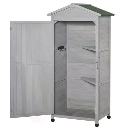 Outsunny Wooden Garden Shed, Outdoor Storage Cabinet with 2 Shelves and Hooks, Locking Organiser Outdoor Narrow Tool House, 74x55x155cm, Grey