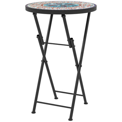 Outsunny Mosaic Outdoor Garden Table, 35.5cm Round Folding Coffee Table with Metal Frame for Balcony Terrace, Multicolour