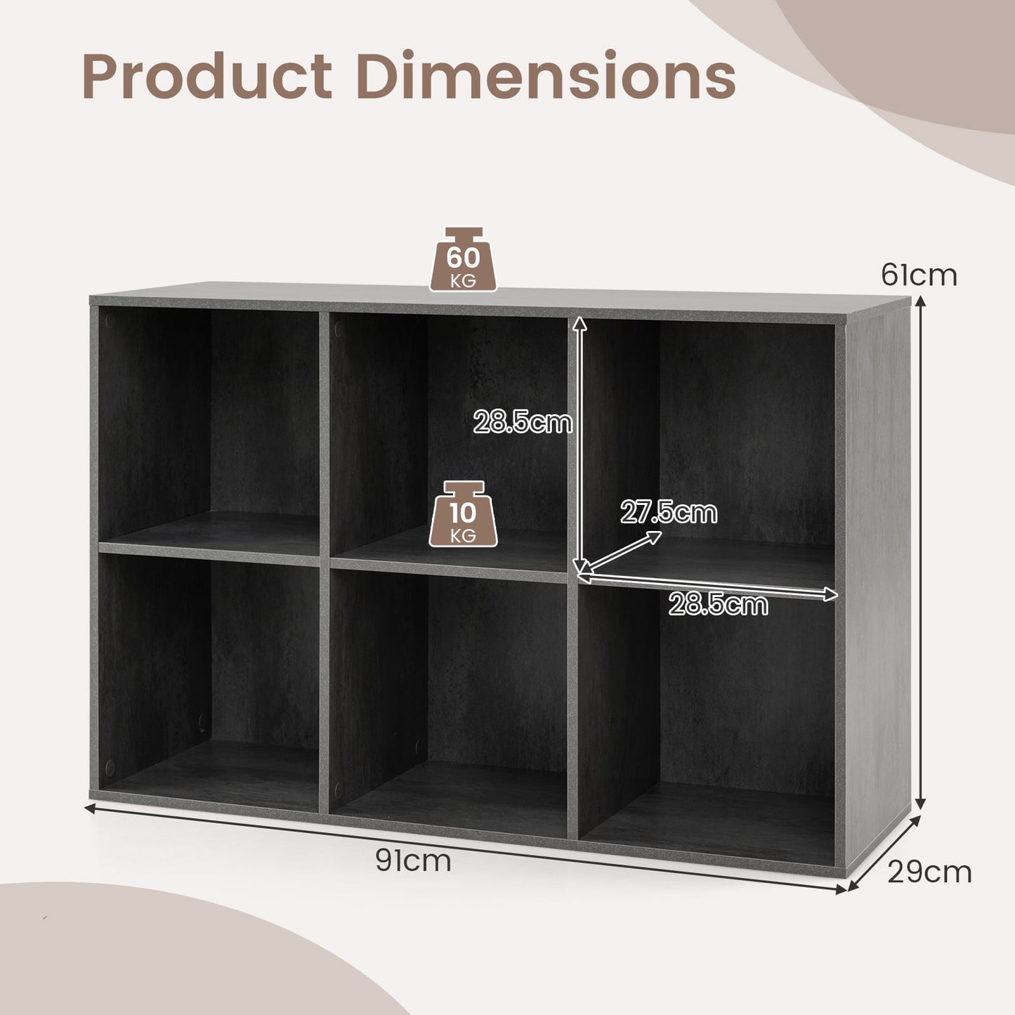 6-Cube Bookcase 3-Tier Storage Organizer with Anti-Tipping Kits for Living Room Study-Grey