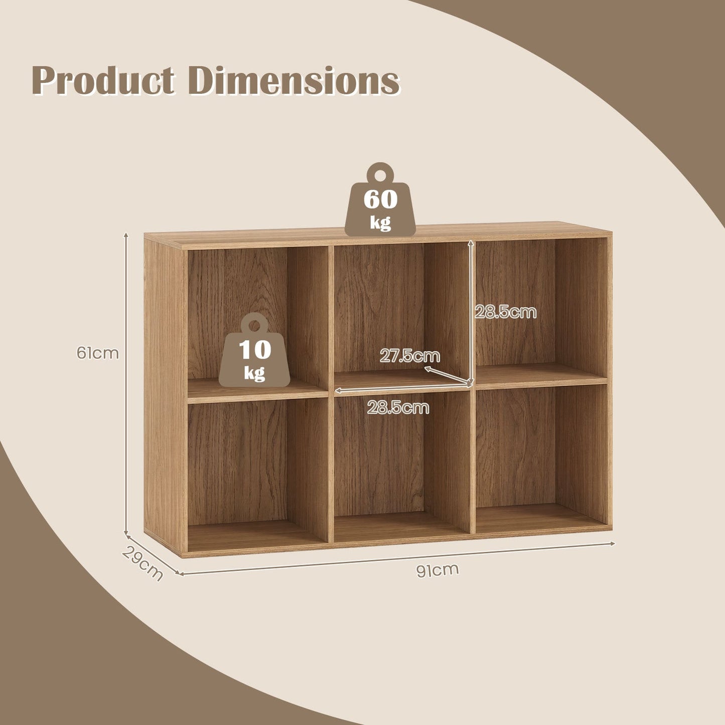 6-Cube Bookcase 3-Tier Storage Organizer with Anti-Tipping Kits for Living Room Study-Natural