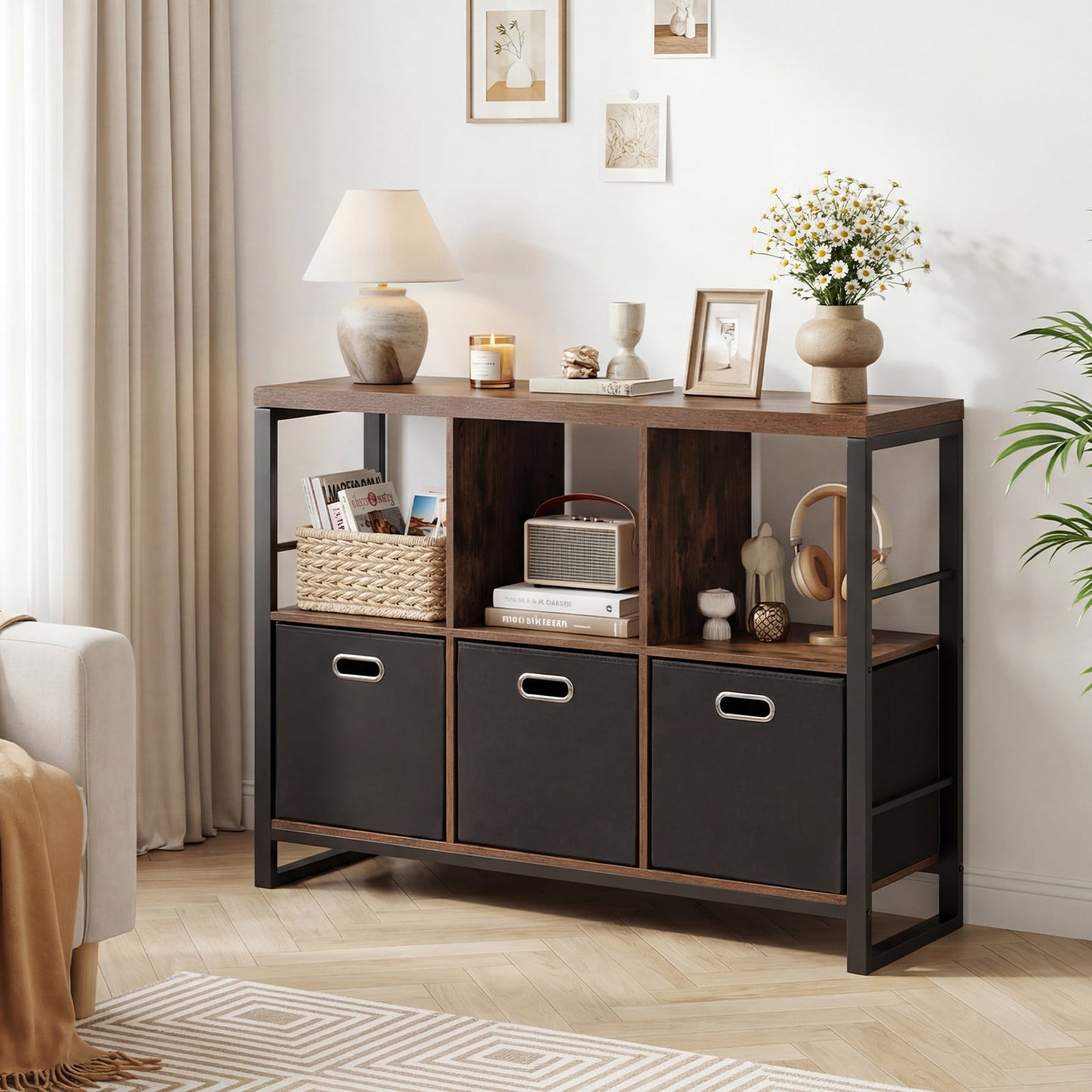 6 Cube Storage Organizer with 3 Storage Bins Sturdy Metal Frame and 3 Open Shelves-Rustic Brown