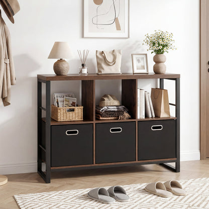 6 Cube Storage Organizer with 3 Storage Bins Sturdy Metal Frame and 3 Open Shelves-Rustic Brown