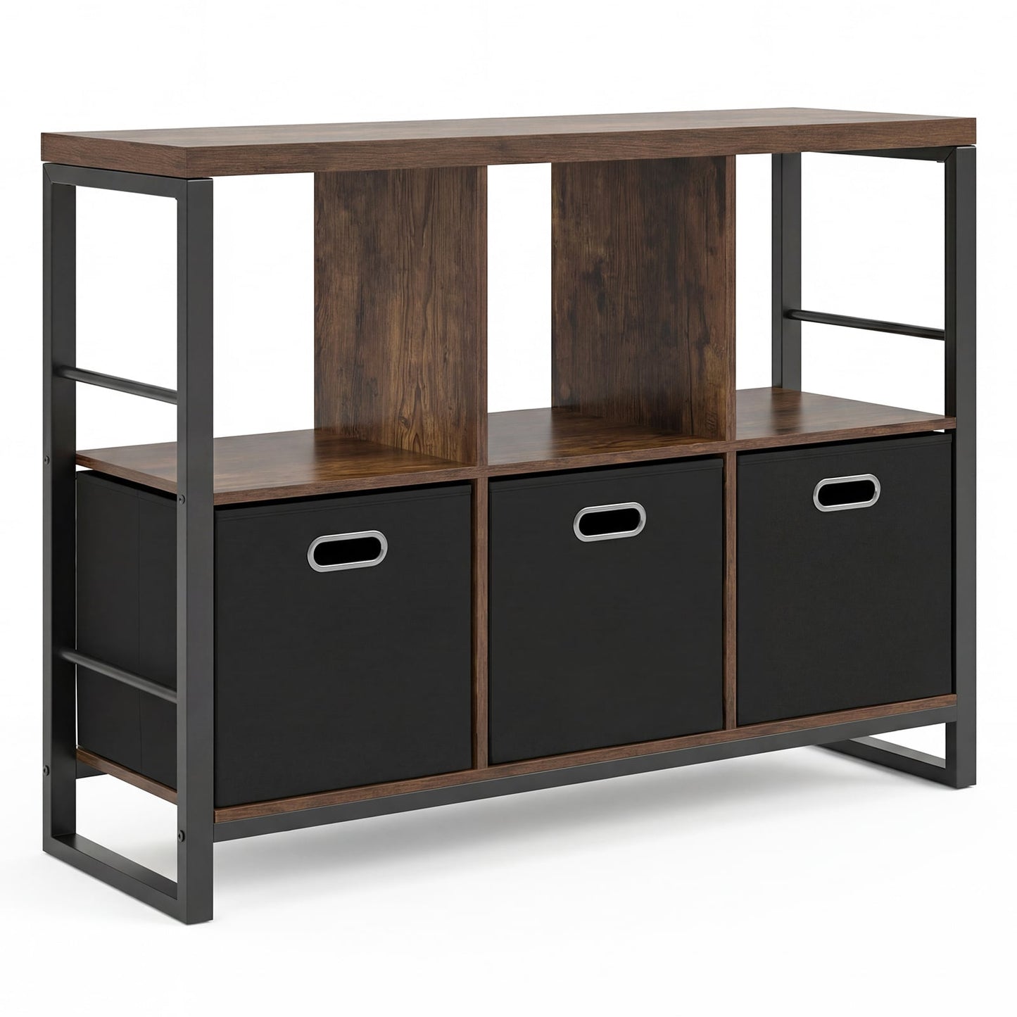 6 Cube Storage Organizer with 3 Storage Bins Sturdy Metal Frame and 3 Open Shelves-Rustic Brown