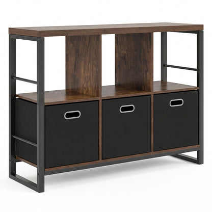 6 Cube Storage Organizer with 3 Storage Bins Sturdy Metal Frame and 3 Open Shelves-Rustic Brown