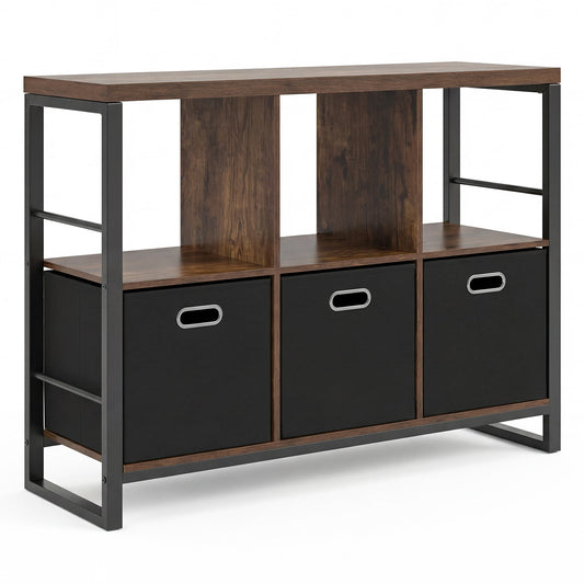 6 Cube Storage Organizer with 3 Storage Bins Sturdy Metal Frame and 3 Open Shelves-Rustic Brown