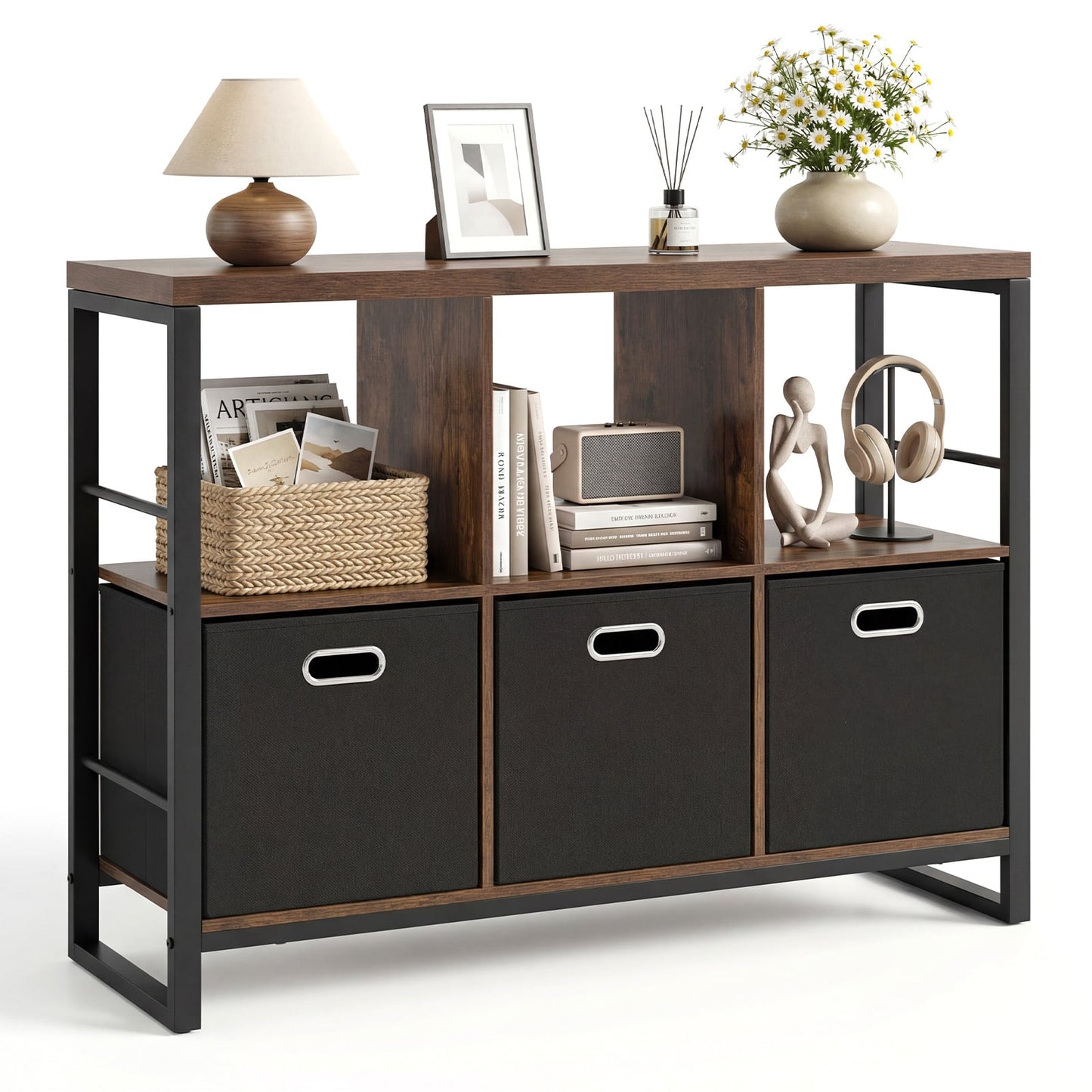 6 Cube Storage Organizer with 3 Storage Bins Sturdy Metal Frame and 3 Open Shelves-Rustic Brown