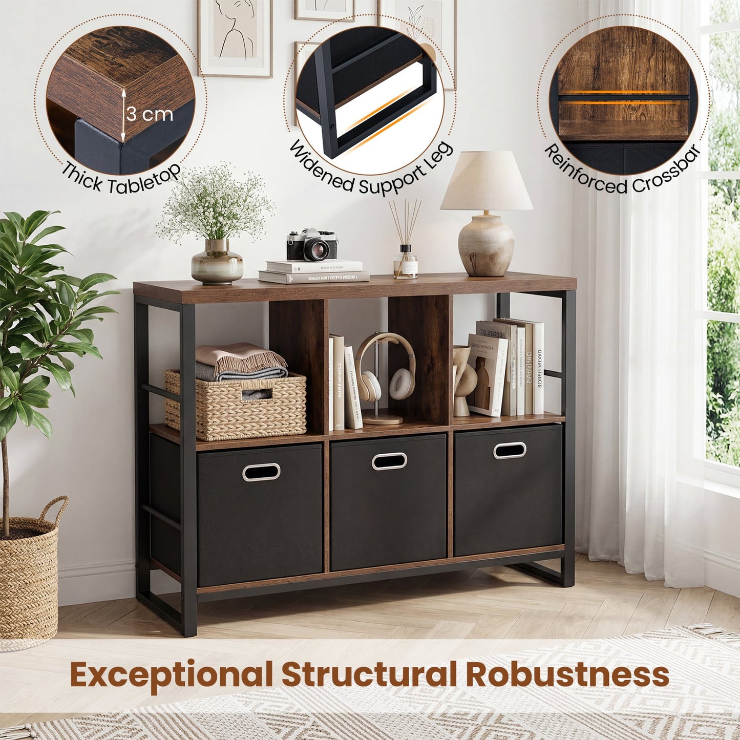 6 Cube Storage Organizer with 3 Storage Bins Sturdy Metal Frame and 3 Open Shelves-Rustic Brown