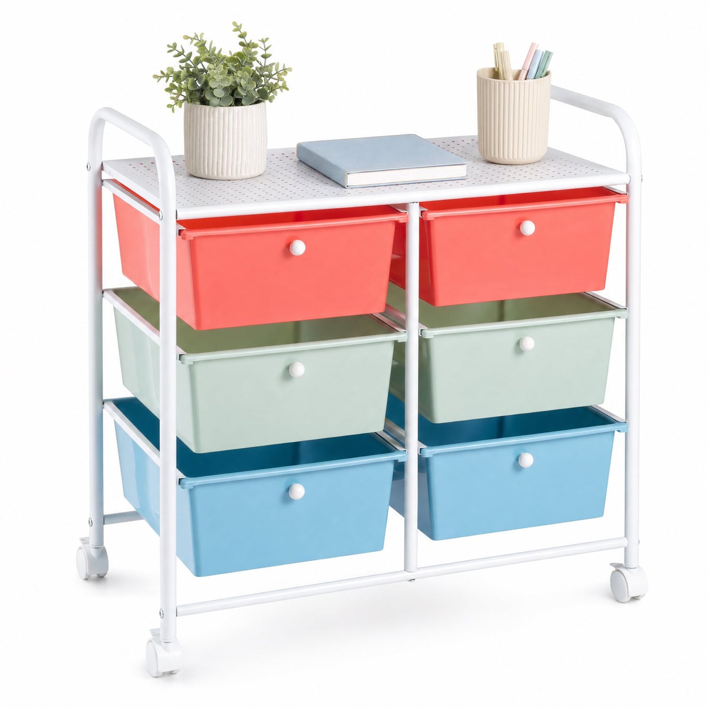 6-Drawer Rolling Storage Cart with 4 Universal Wheels and Metal Frame Spacious Tabletop-Multicolor