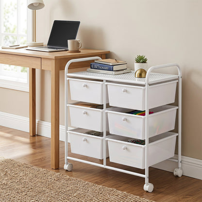 6-Drawer Rolling Storage Cart with 4 Universal Wheels and Metal Frame Spacious Tabletop-White