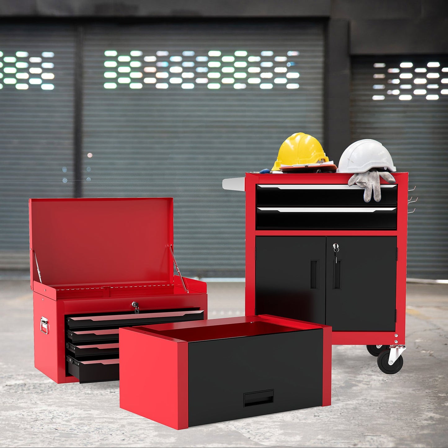 6-Drawer Rolling Tool Chest with Universal Wheels and Hooks-Red & Black-M