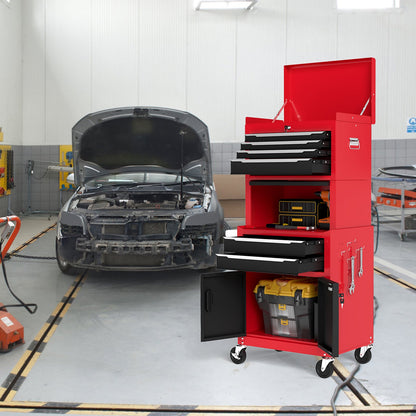 6-Drawer Rolling Tool Chest with Universal Wheels and Hooks-Red & Black-M