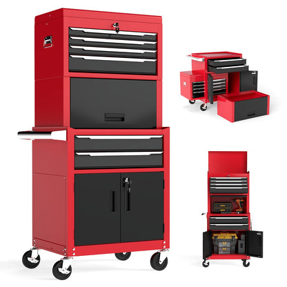 6-Drawer Rolling Tool Chest with Universal Wheels and Hooks-Red & Black-M