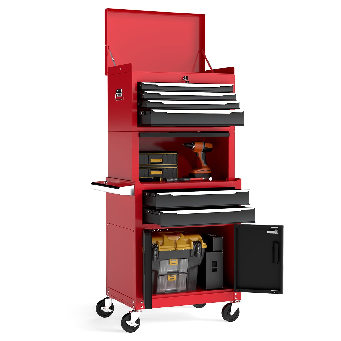 6-Drawer Rolling Tool Chest with Universal Wheels and Hooks-Red & Black-M
