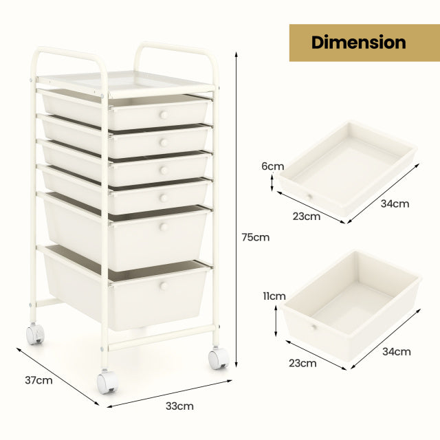 6 Drawers Storage Trolley with 4 Wheels for Makeup Beauty Salon-White