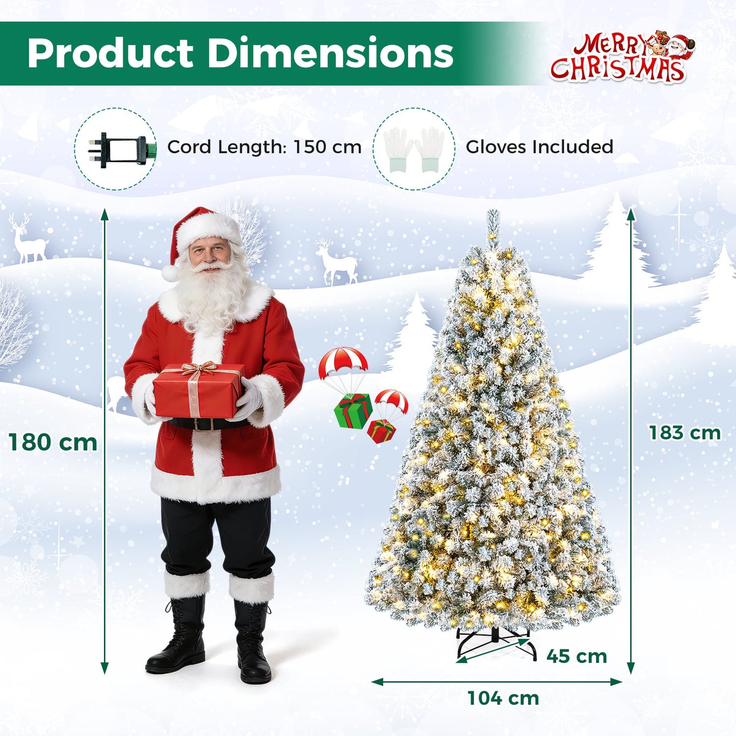 6 FT Snow-Flocked Artificial Christmas Tree with 230 Warm White LED Lights and 928 Branch Tips-Green