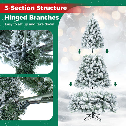 6 FT Snow-Flocked Artificial Christmas Tree with 230 Warm White LED Lights and 928 Branch Tips-Green