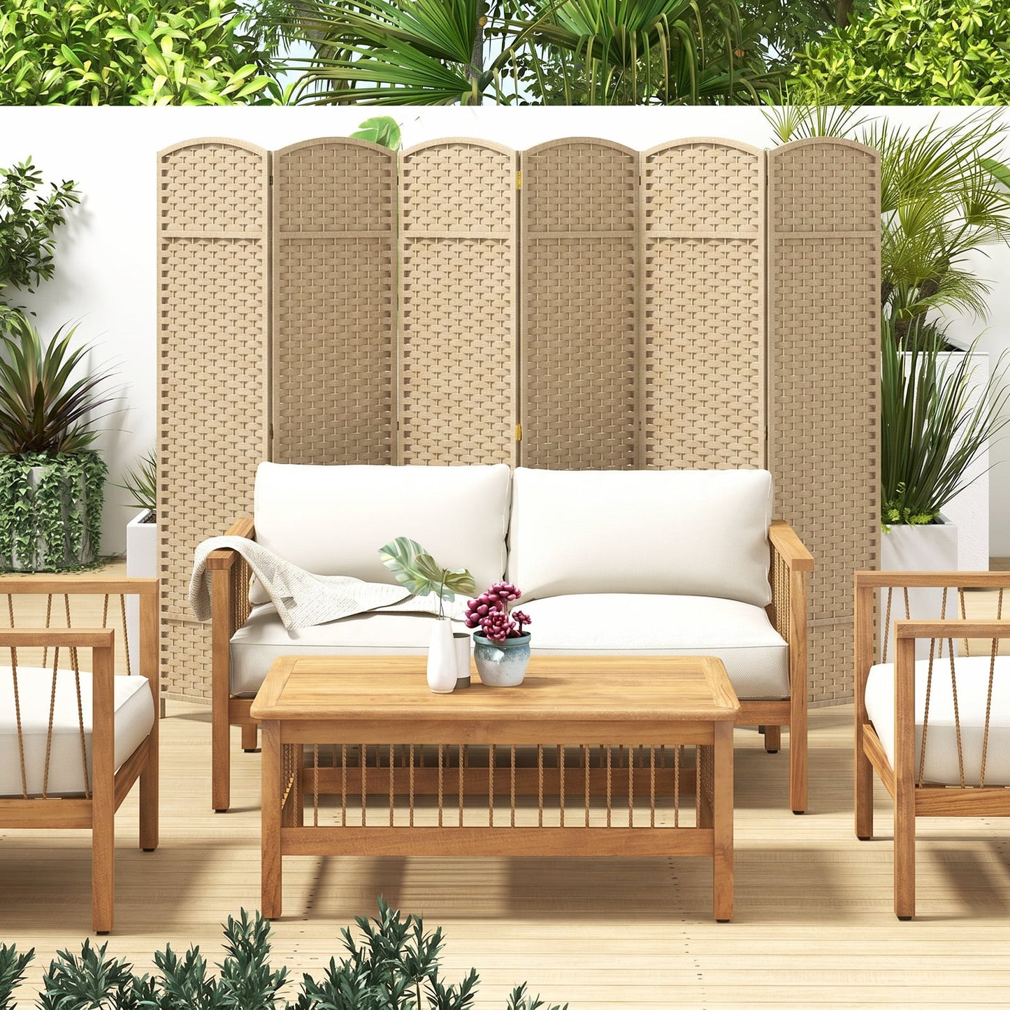 6-Panel Room Divider Folding Privacy Screen with Hand-woven Texture-Beige