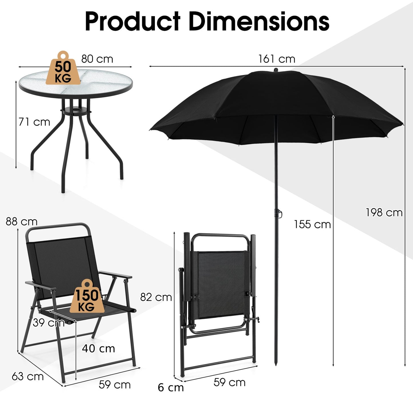 6 Piece Outdoor Dining Set with Detachable Umbrella for Poolside-Black