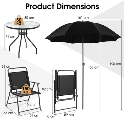 6 Piece Outdoor Dining Set with Detachable Umbrella for Poolside-Black