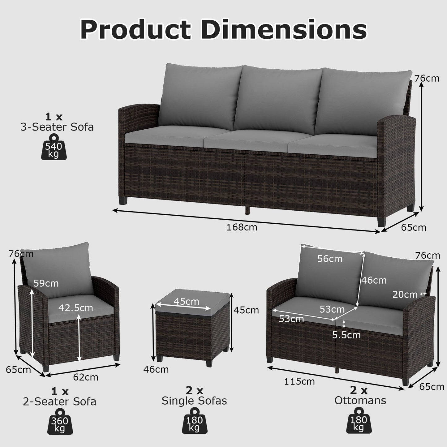 6 Pieces 9 Seats Patio Furniture Set with 3-Seat Sofa Loveseat Chair and 2 Ottomans-Grey