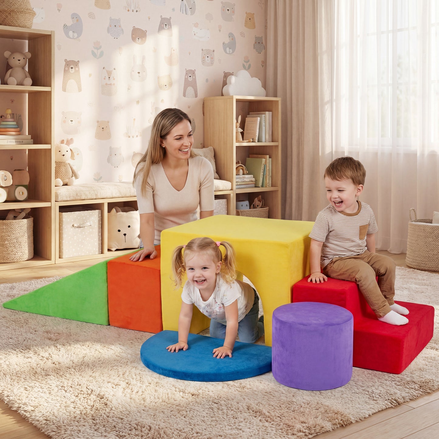 6 Pieces Foam Climbing Blocks for Kids with Slide and Tunnel for Toddlers 3+-Red