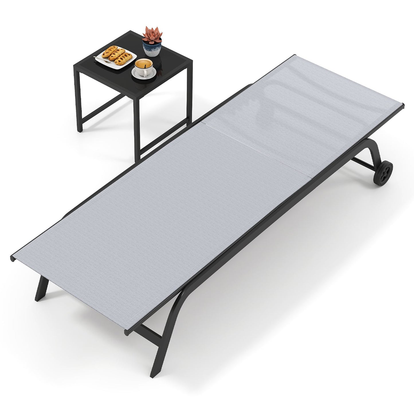 6-Position Outdoor Chaise Lounge Chair Set with Wheels and 180° Full Flat-Grey