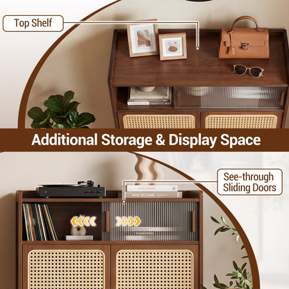 6-Tier Bamboo Shoe Cabinet with Woven Rattan Doors Shelves and Sliding Doors-Walnut