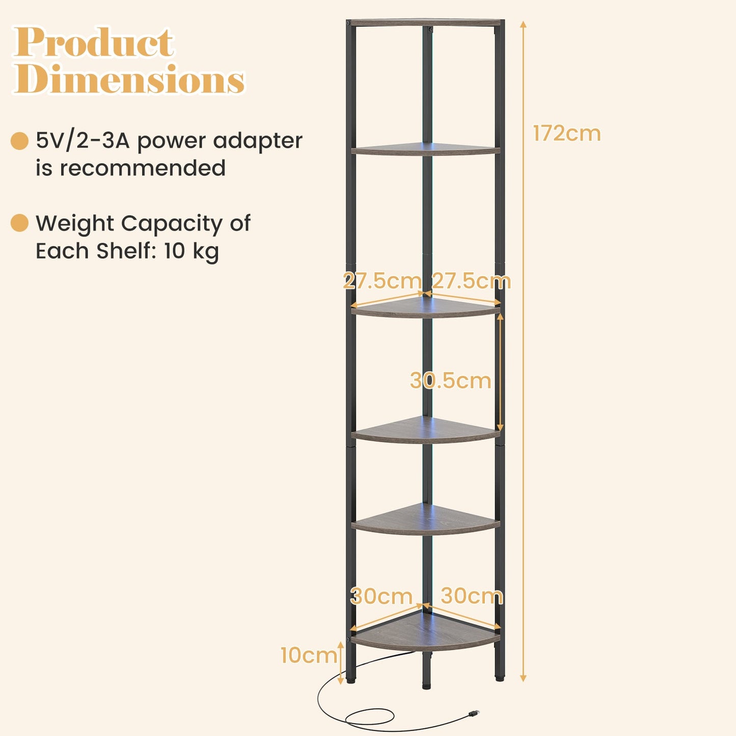 6-Tier Corner Shelf 68 inch Tall Narrow Display Bookshelf with LED Lights-Grey