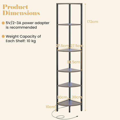 6-Tier Corner Shelf 68 inch Tall Narrow Display Bookshelf with LED Lights-Grey