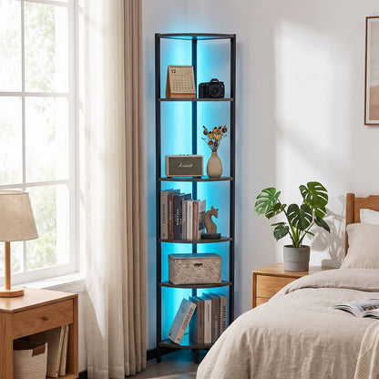 6-Tier Corner Shelf 68 inch Tall Narrow Display Bookshelf with LED Lights-Rustic Brown