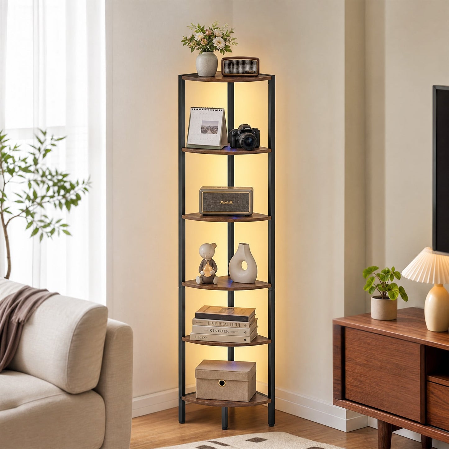 6-Tier Corner Shelf 68 inch Tall Narrow Display Bookshelf with LED Lights-Rustic Brown