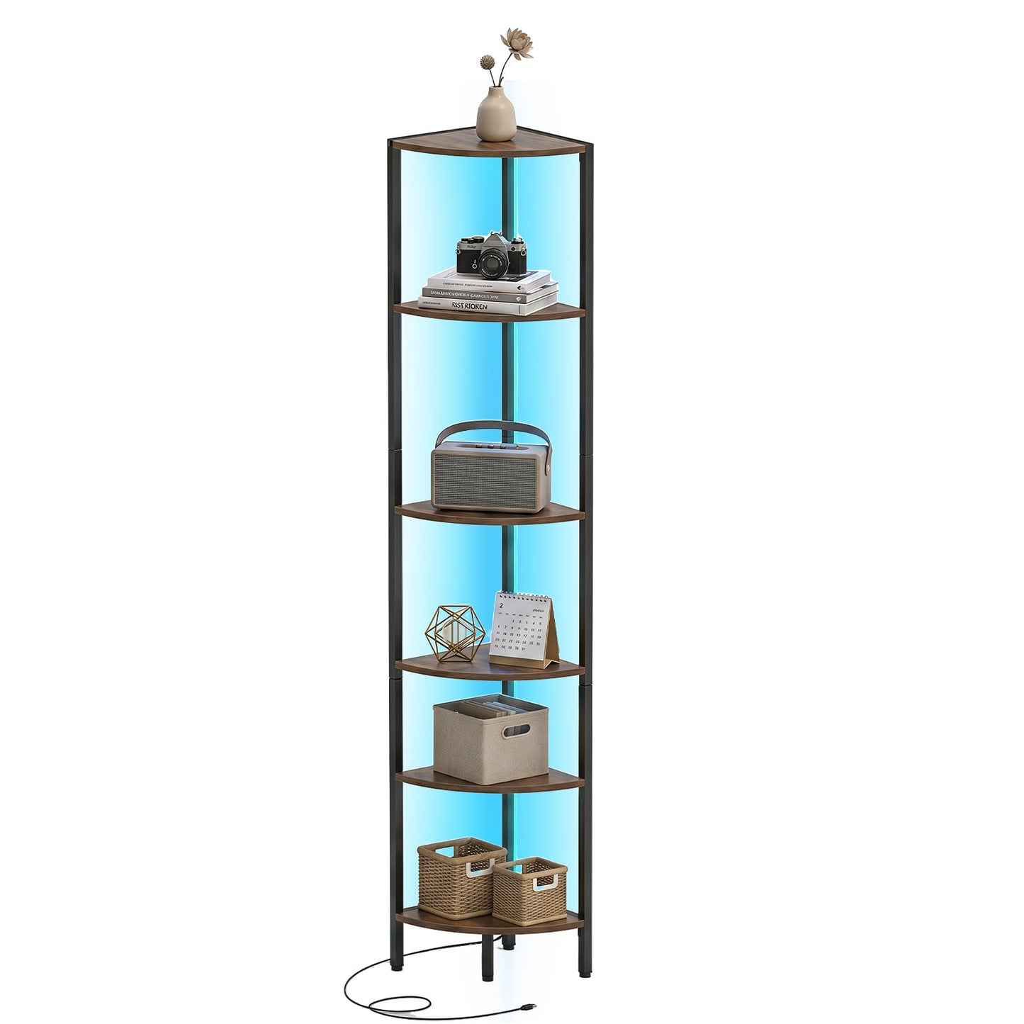 6-Tier Corner Shelf 68 inch Tall Narrow Display Bookshelf with LED Lights-Rustic Brown