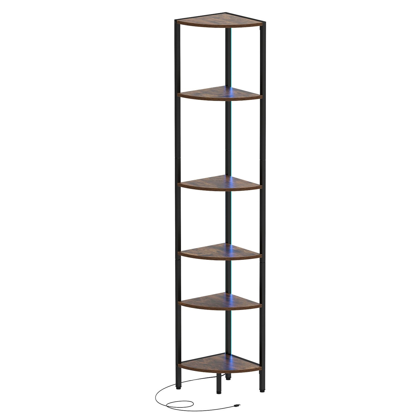6-Tier Corner Shelf 68 inch Tall Narrow Display Bookshelf with LED Lights-Rustic Brown