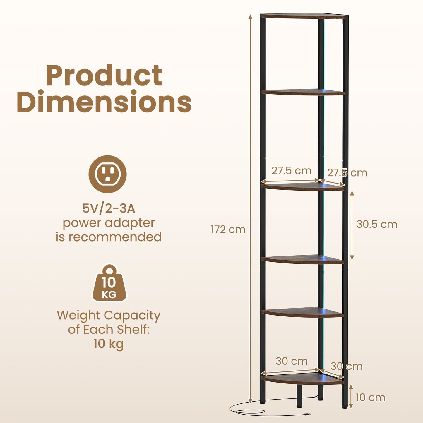 6-Tier Corner Shelf 68 inch Tall Narrow Display Bookshelf with LED Lights-Rustic Brown