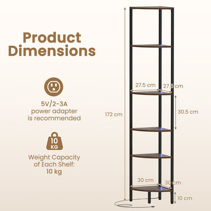 6-Tier Corner Shelf 68 inch Tall Narrow Display Bookshelf with LED Lights-Rustic Brown