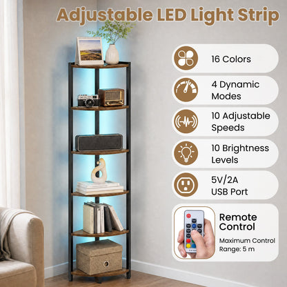 6-Tier Corner Shelf 68 inch Tall Narrow Display Bookshelf with LED Lights-Rustic Brown