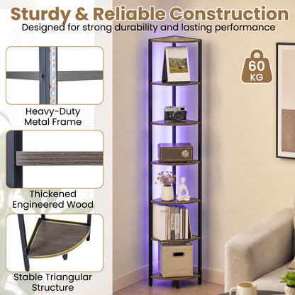 6-Tier Corner Shelf 68 inch Tall Narrow Display Bookshelf with LED Lights-Rustic Brown