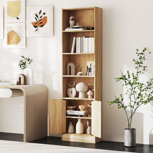 6-Tier 180cm Tall Bookshelf with Double Doors Open Cubes-Oak