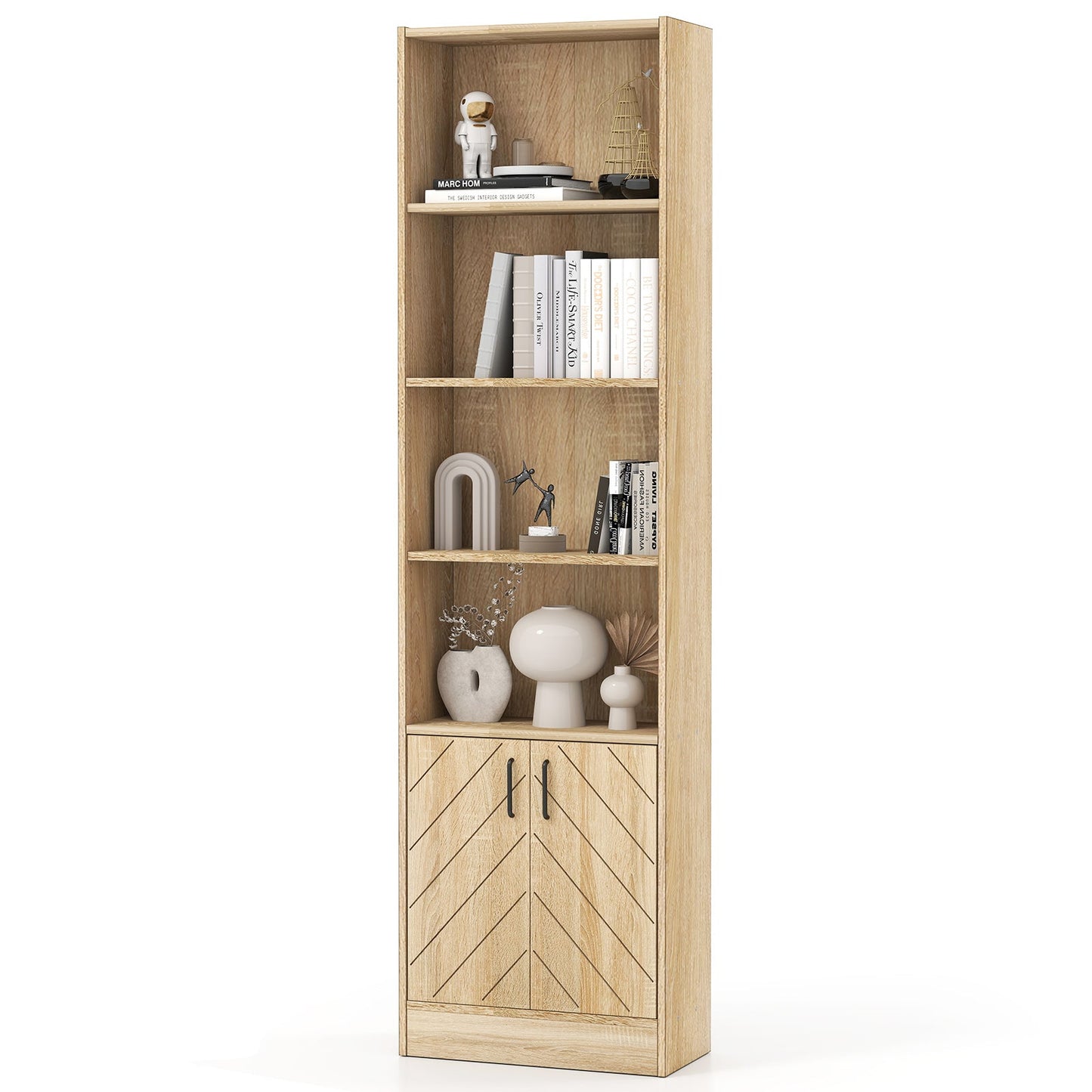 6-Tier 180cm Tall Bookshelf with Double Doors Open Cubes-Oak