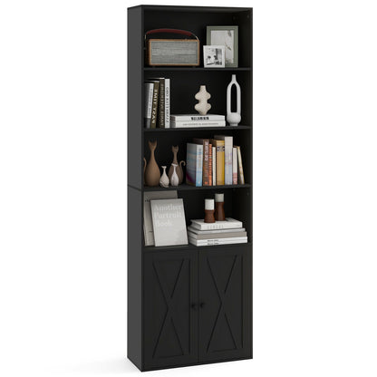 6-Tier Freestanding Bookcase with Farmhouse Style Cabinet Doors-Black