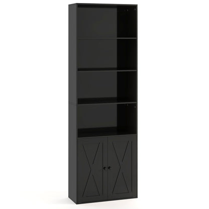 6-Tier Freestanding Bookcase with Farmhouse Style Cabinet Doors-Black