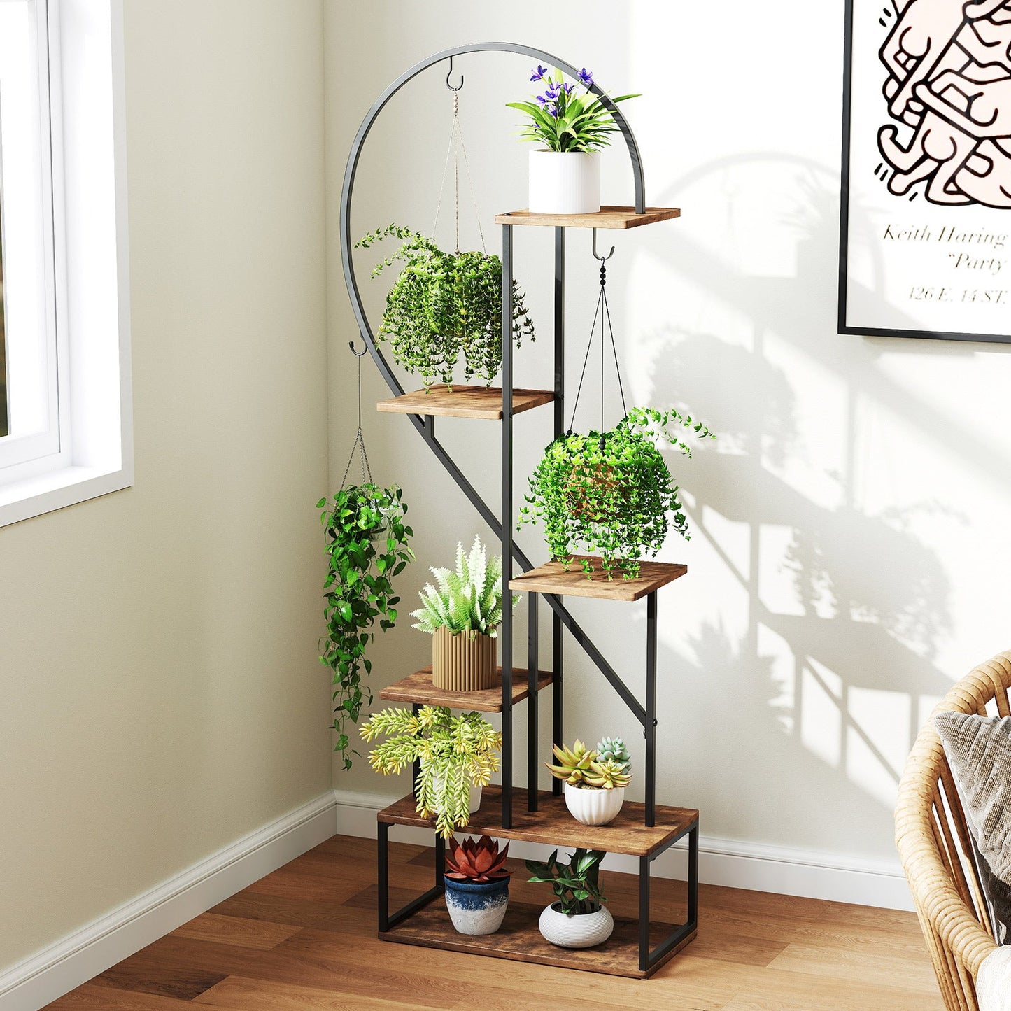 6-Tier Metal Plant Stand Heart-Shape Ladder Plant Shelves -Rustic Brown